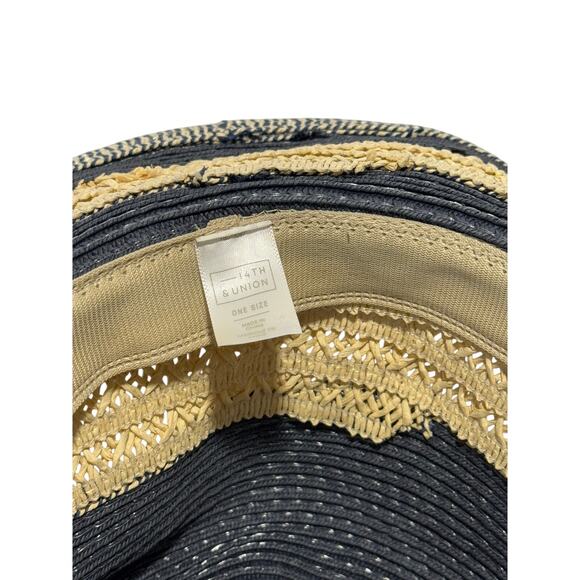 14th & Union One Size Woven Striped Blue Natural Wide Brim Boho Chic Straw Hat - Picture 3 of 3